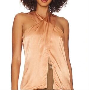 LANSTON Copper Satin Cross Front Flyaway Halter Style Sleeveless Top Small BNWT